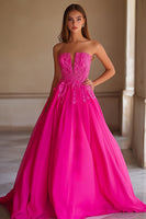 Load image into Gallery viewer, Fuchsia Satin Strapless Long Ball Gown Prom Dress with Lace