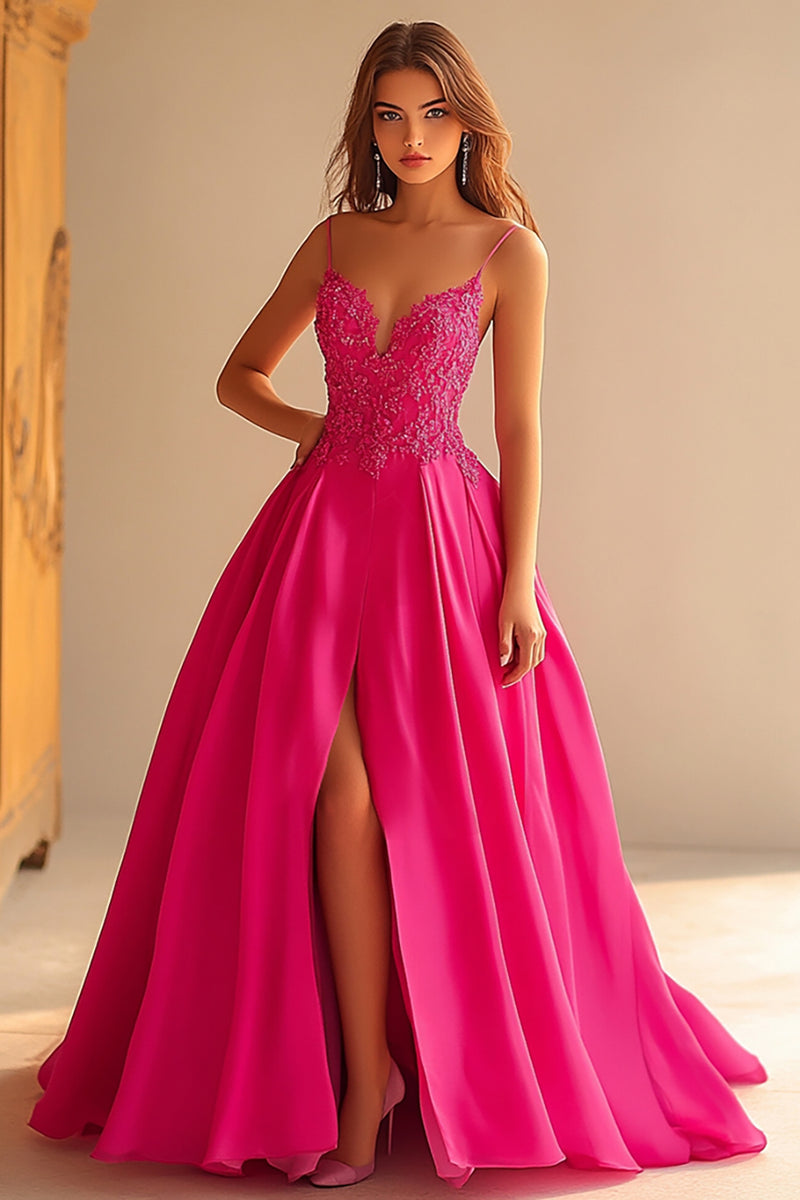 Load image into Gallery viewer, Fuchsia Satin Spaghetti Straps Long Ball Gown Prom Dress with Lace