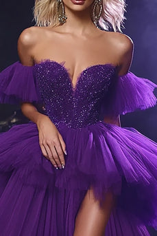 Plum Tulle Sweetheart Long Ball Gown Prom Dress with Lace
