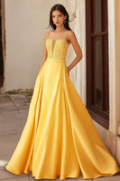 Load image into Gallery viewer, Yellow Satin Spaghetti Straps Long A-Line Prom Dress with Lace