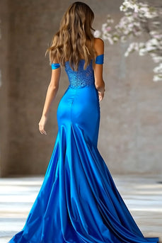 Royal Blue Satin Off The Shoulder Long Mermaid Prom Dress with Lace