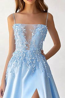 Sky Blue Satin A-Line Illusion Neck Long Prom Dress with Slit