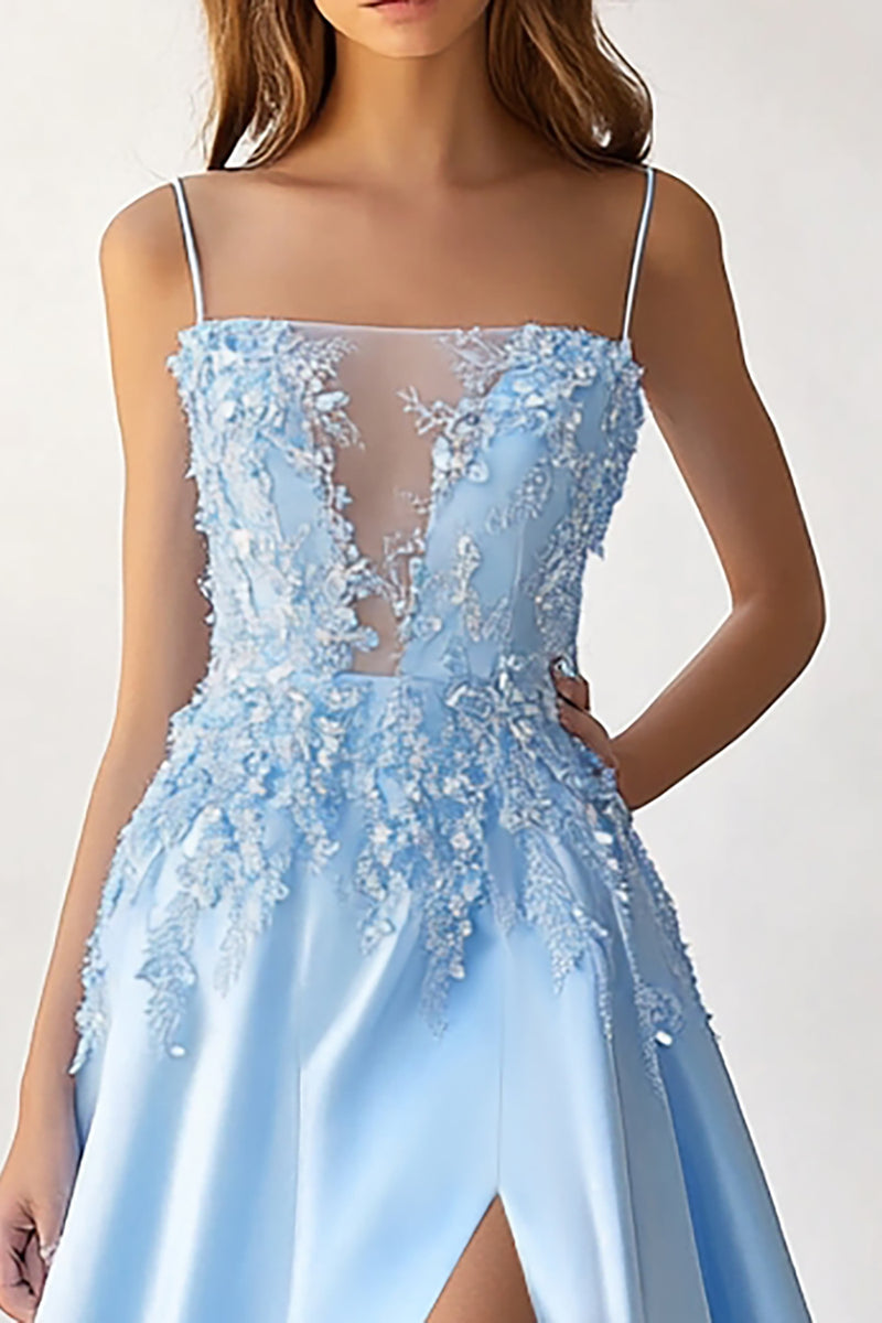 Load image into Gallery viewer, Sky Blue Satin A-Line Illusion Neck Long Prom Dress with Slit