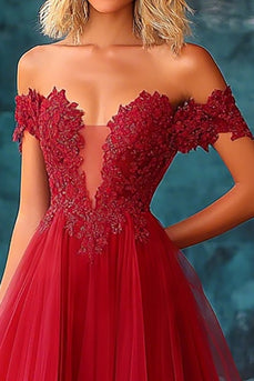 Red Tulle Off The Shoulder Long Ball Gown Prom Dress with Lace