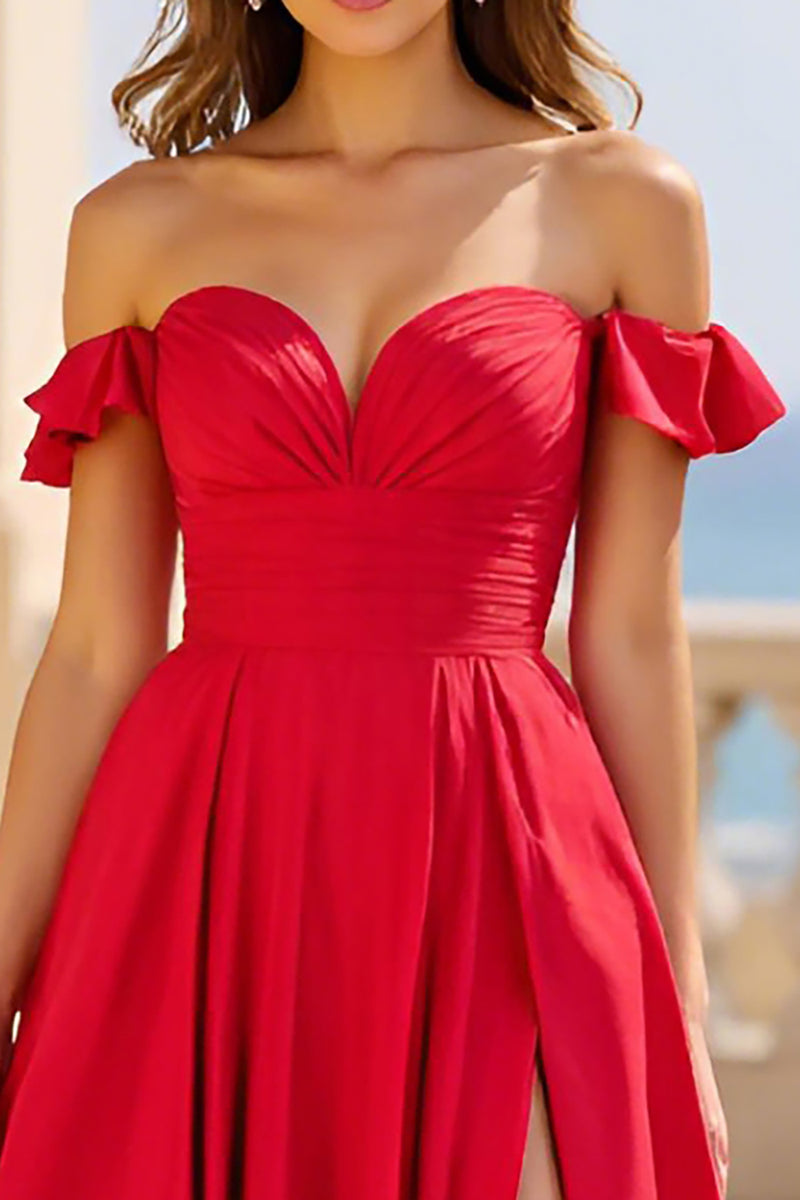Load image into Gallery viewer, Red Satin Off The Shoulder Long A Line Prom Dress with Slit