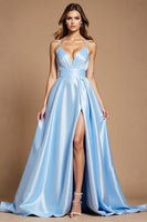 Load image into Gallery viewer, Sky Blue Spaghetti Straps Long A Line Prom Dress with Slit
