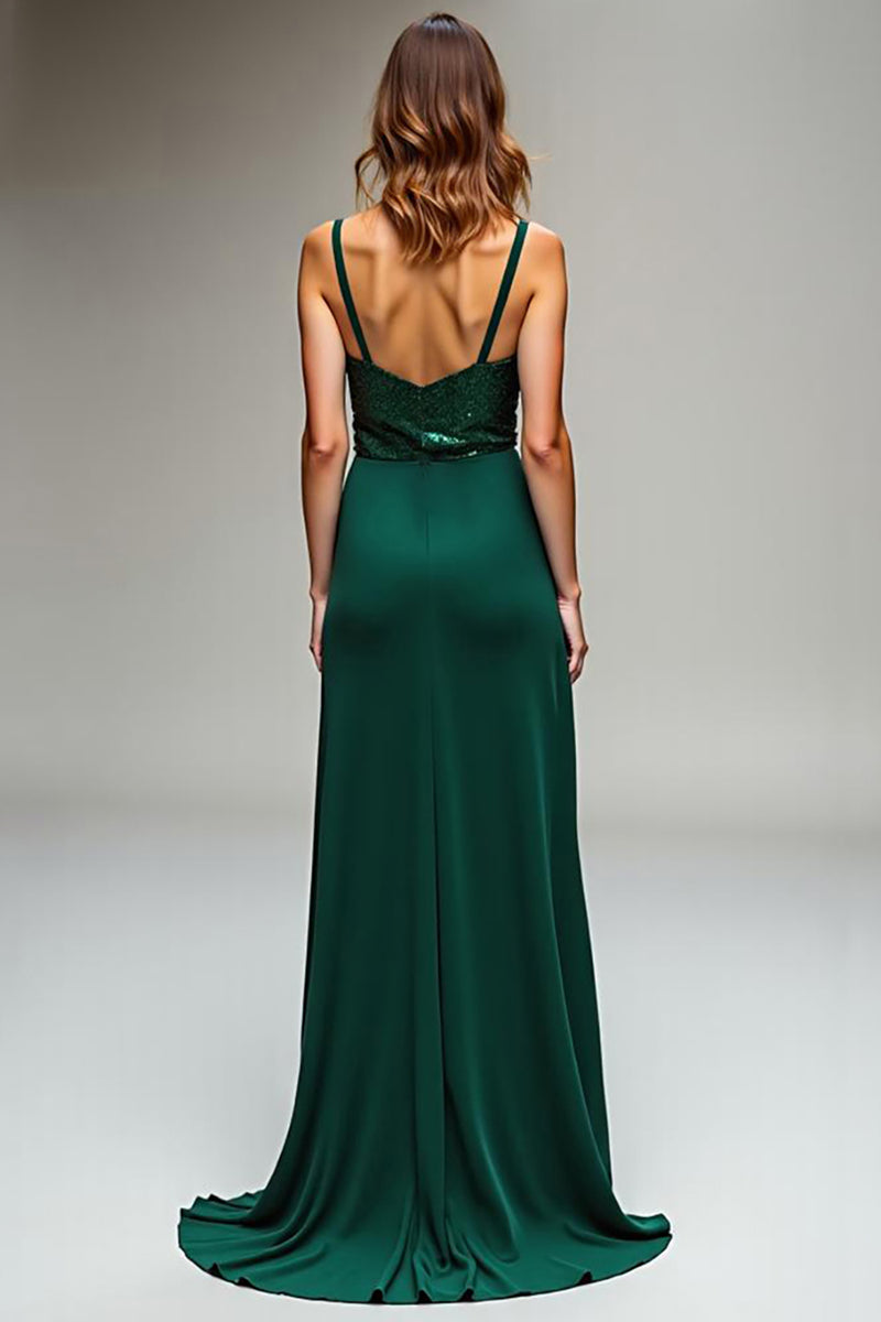 Load image into Gallery viewer, Dark Green Spaghetti Straps Long Sheath Prom Dress with Slit