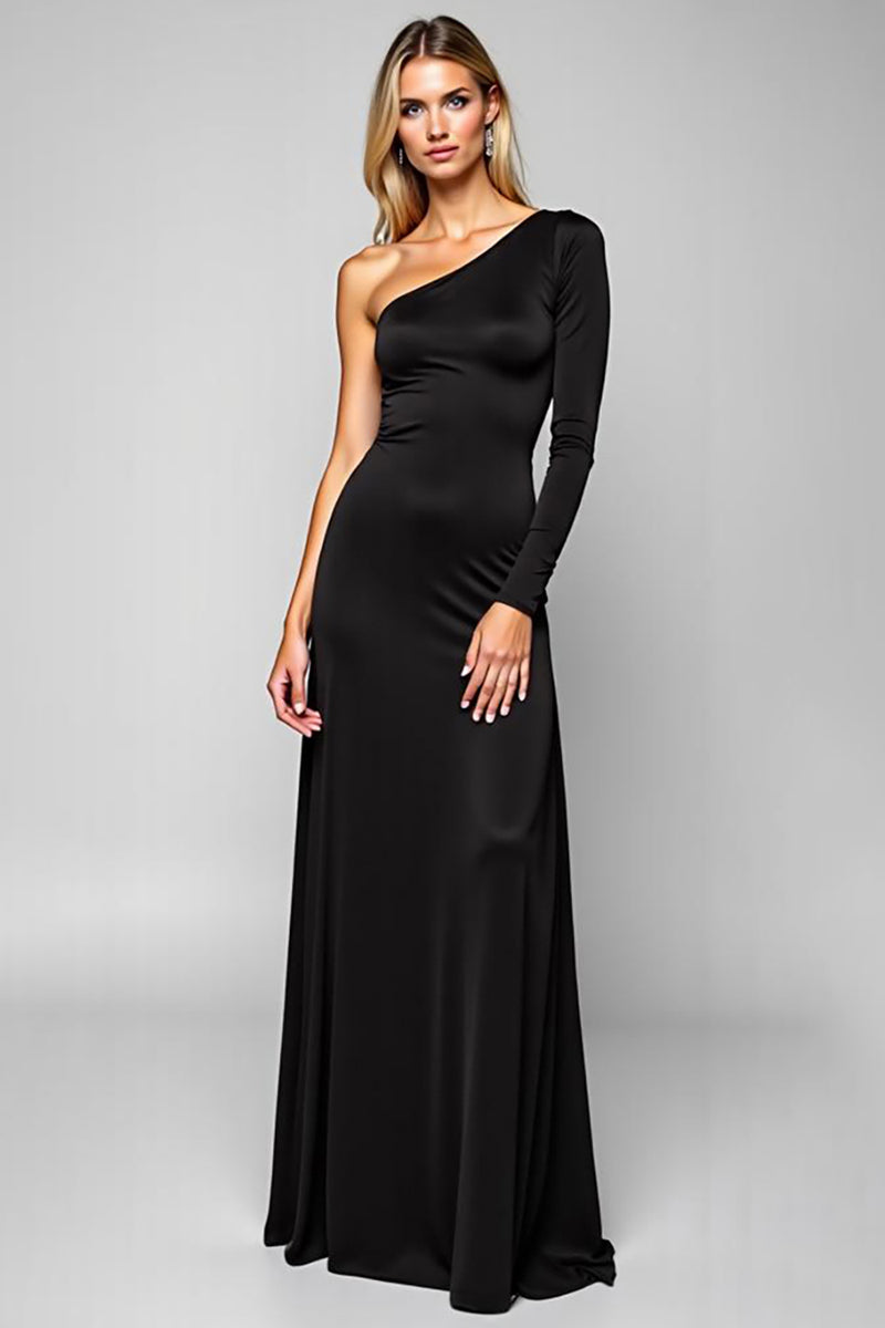 Load image into Gallery viewer, Simple Black Satin One Shoulder Long Sheath Prom Dress