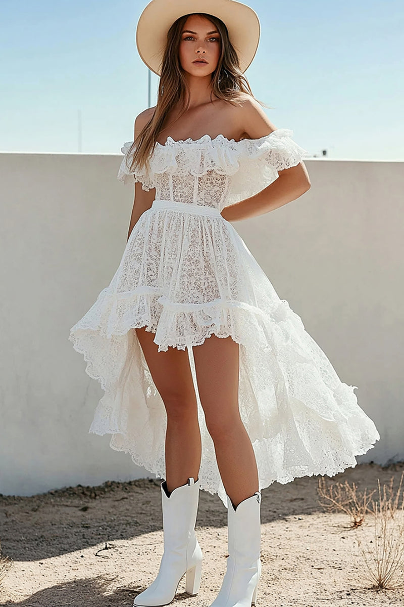 Load image into Gallery viewer, White Lace High-Low A Line Boho Graduation Dress with Ruffles