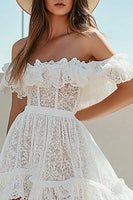 Load image into Gallery viewer, White Lace High-Low A Line Boho Graduation Dress with Ruffles