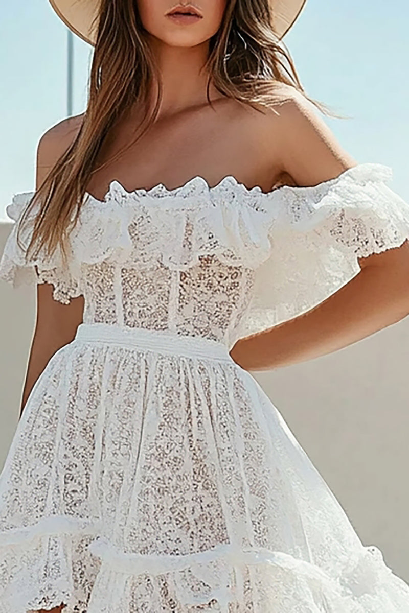 Load image into Gallery viewer, White Lace High-Low A Line Boho Graduation Dress with Ruffles
