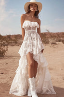 Load image into Gallery viewer, White Lace Strapless High-Low A Line Boho Maxi Dress