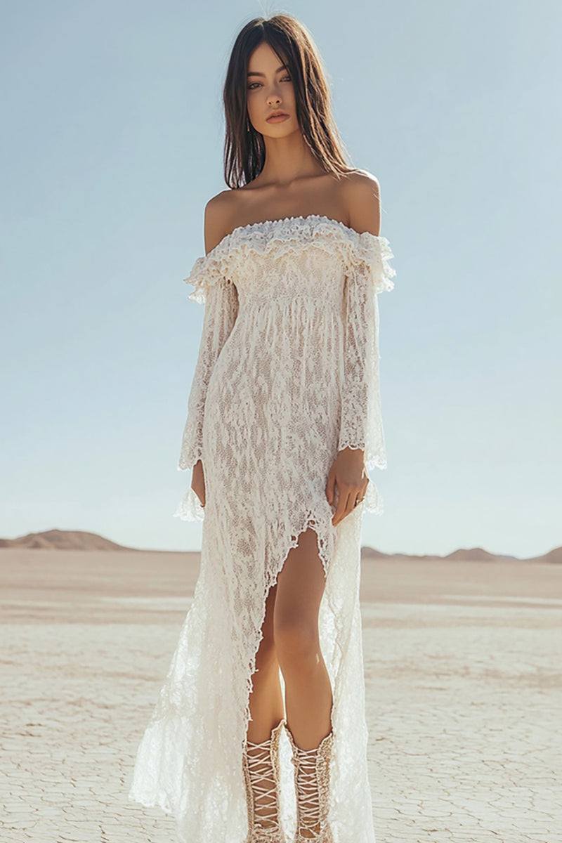 Load image into Gallery viewer, White Lace Off The Shoulder Boho Maxi Dress with Slit
