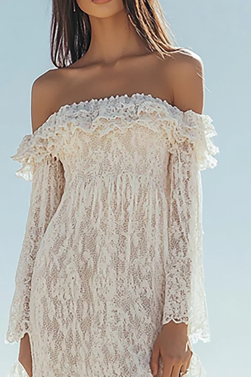 Load image into Gallery viewer, White Lace Off The Shoulder Boho Maxi Dress with Slit