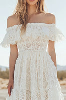 Load image into Gallery viewer, White Lace High-Low Off The Shoulder A Line Boho Graduation Dress
