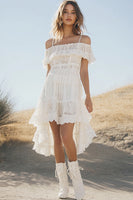 Load image into Gallery viewer, White Lace Cold Shoulder High-Low A Line Boho Graduation Dress