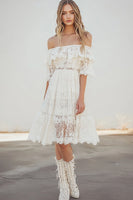 Load image into Gallery viewer, White Knee-Length A Line Boho Graduation Dress with Flare Sleeves