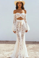 Load image into Gallery viewer, Two Piece White Lace Boho Maxi Dress with Sash