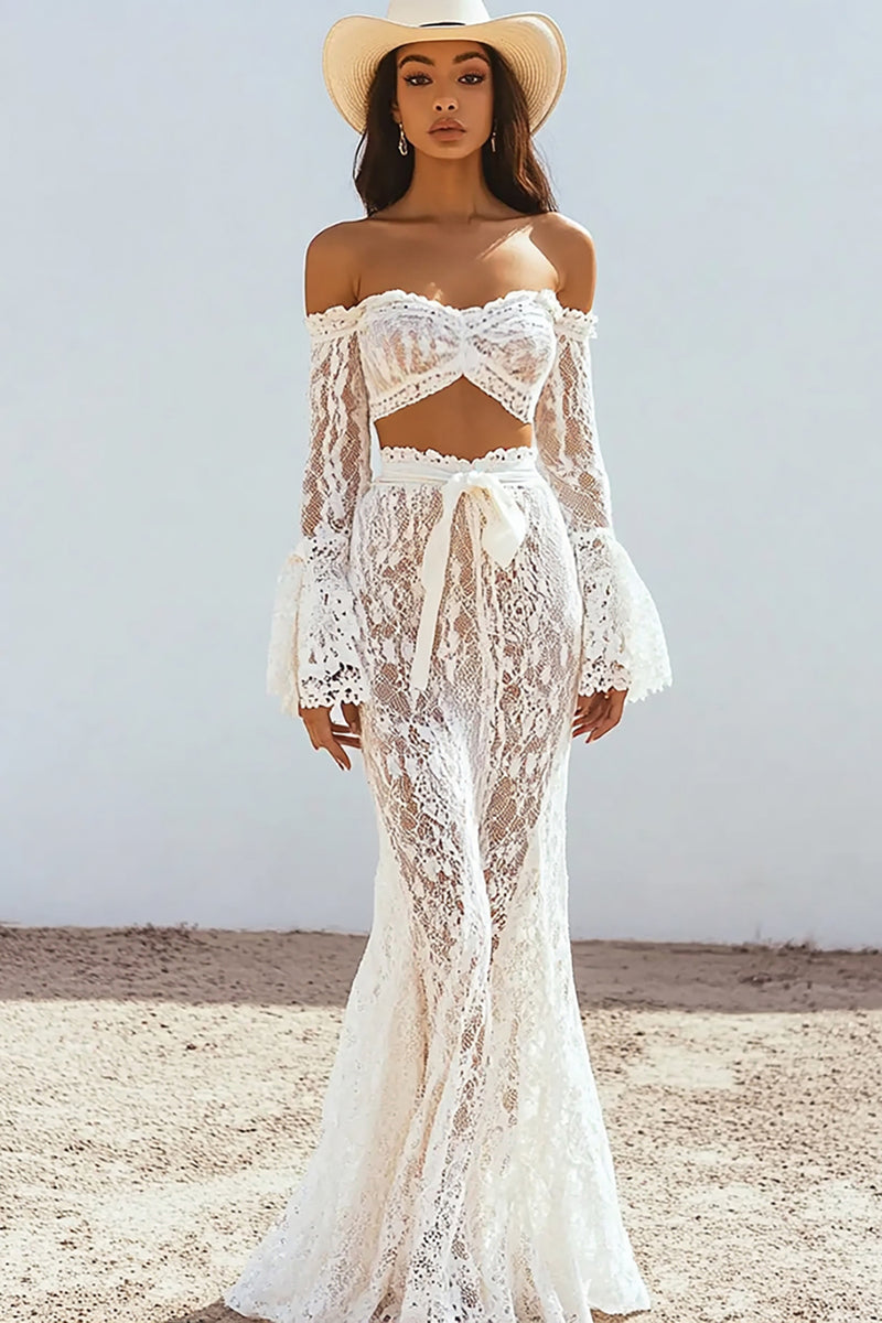 Load image into Gallery viewer, Two Piece White Lace Boho Maxi Dress with Sash