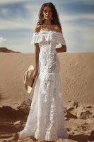 Load image into Gallery viewer, Queendancer Women White Sheath Lace Boho Maxi Dress with Ruffles Off The Shoulder Western Wedding Dress