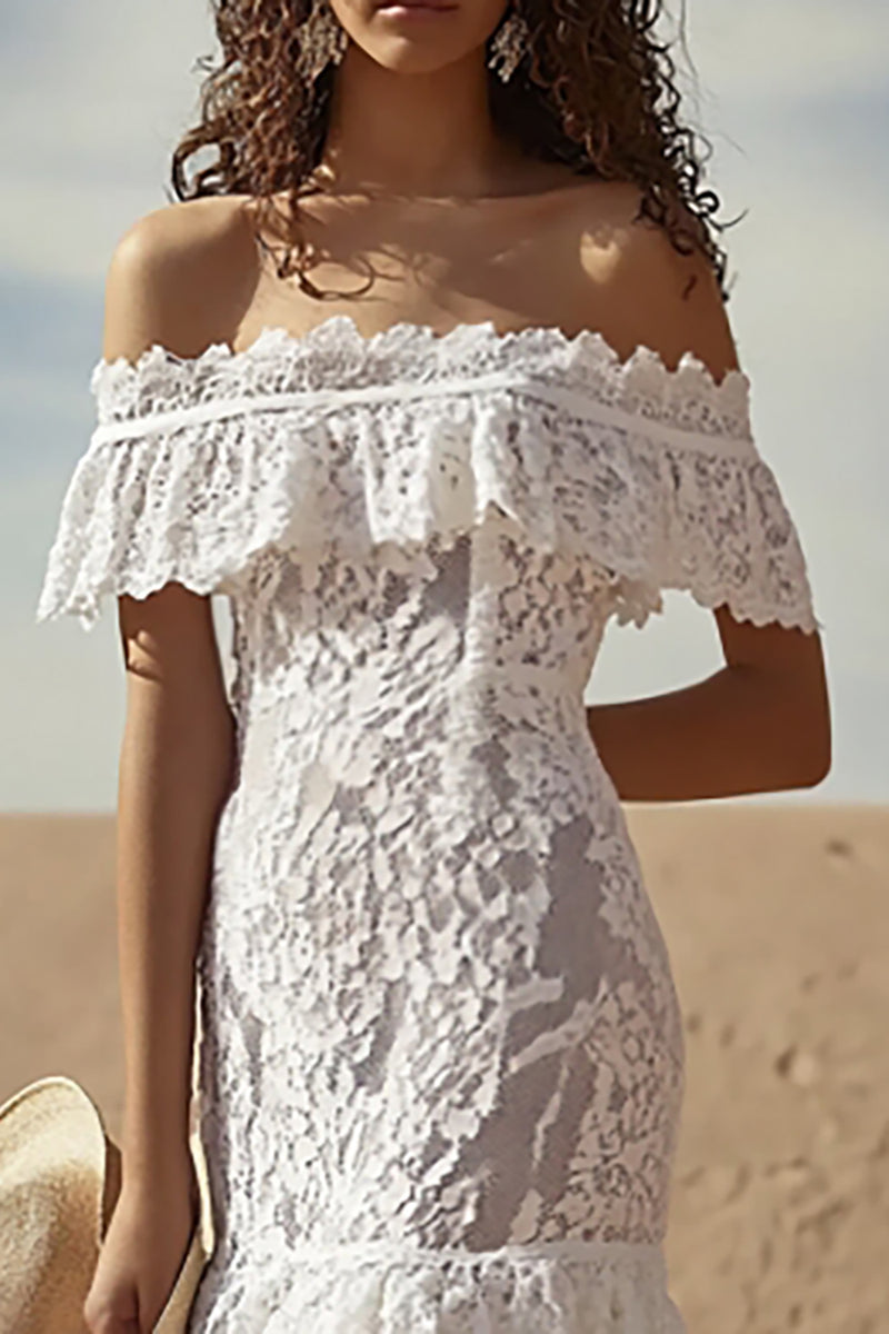 Load image into Gallery viewer, White Lace Sheath Off The Shoulder Boho Maxi Dress with Ruffles