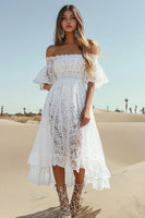 Load image into Gallery viewer, White High-Low A Line Boho Graduation Dress with Pleats