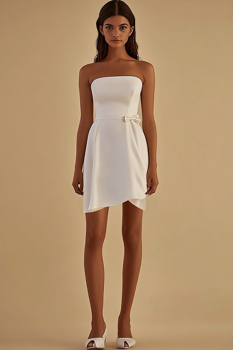 Load image into Gallery viewer, White Satin Strapless Short Graduation Dress with Bow