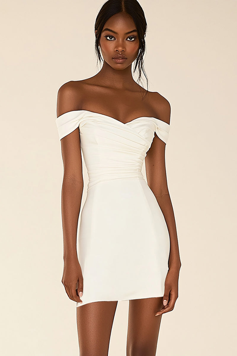 Load image into Gallery viewer, White Satin Off The Shoulder Short Bodycon Graduation Dress