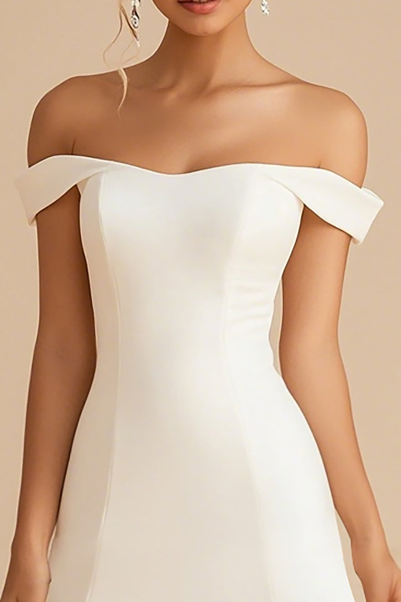 Load image into Gallery viewer, White Satin Off The Shoulder Short A Line Graduation Dress