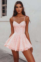 Load image into Gallery viewer, Pink Lace Short Spaghetti Straps A Line Graduation Dress
