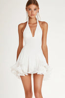 Load image into Gallery viewer, White Organza Halter Short A Line Graduation Dress with Ruffles