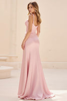 Load image into Gallery viewer, Pink A Line Spaghetti Straps Ruched Long Prom Dress with Slit