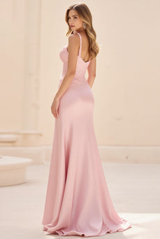 Pink A Line Spaghetti Straps Ruched Long Prom Dress with Slit