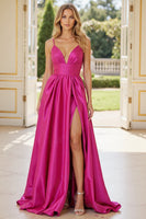 Load image into Gallery viewer, Fuchsia A Line Spaghetti Straps Satin Long Prom Dress with Slit