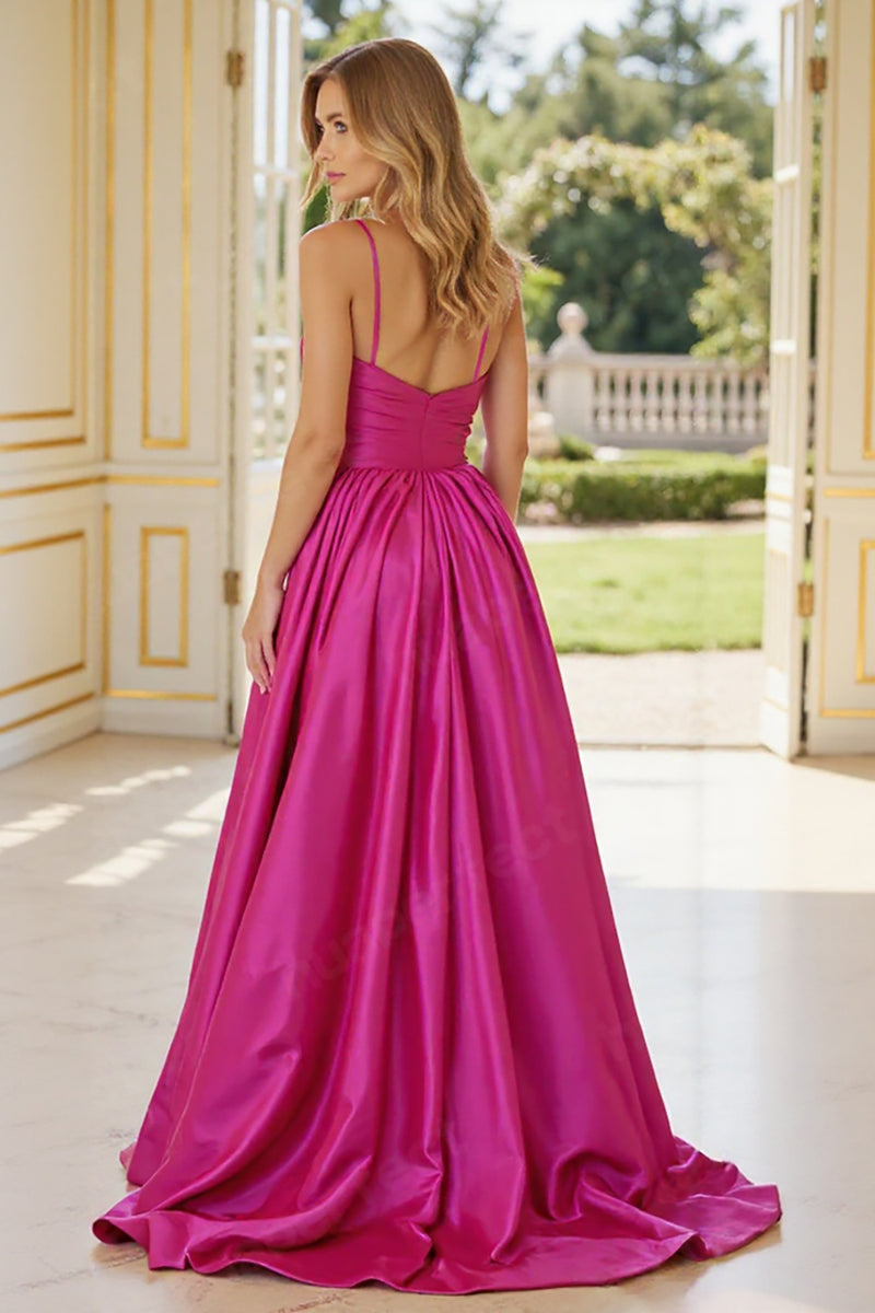 Load image into Gallery viewer, Fuchsia A Line Spaghetti Straps Satin Long Prom Dress with Slit