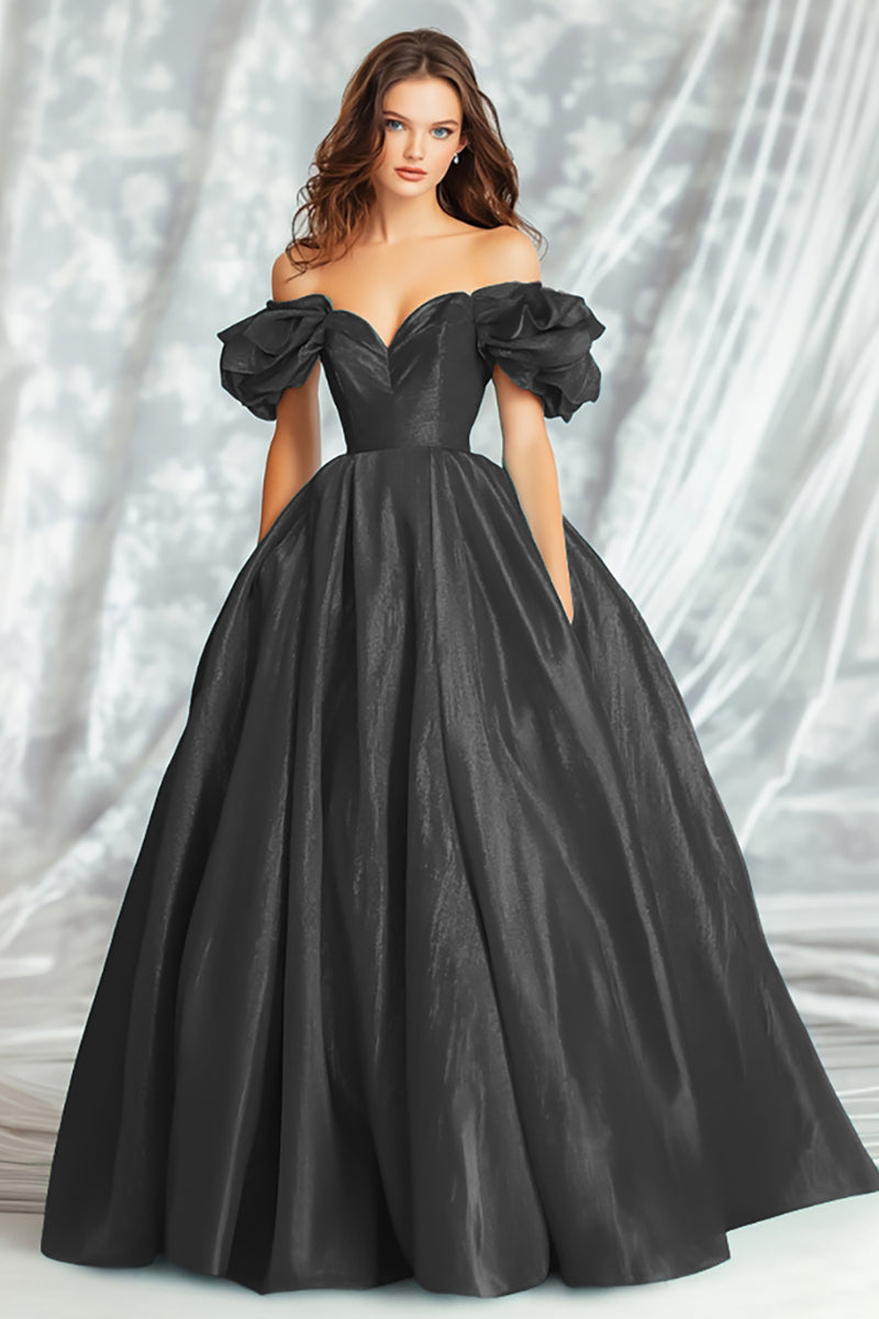 Vintage Black Ball Gown Prom Dress - Long Satin Off Shoulder Evening Gown for Special Occasions