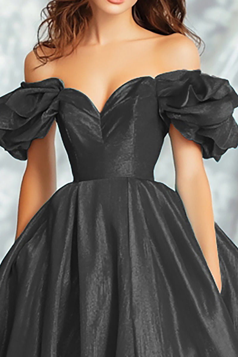 Load image into Gallery viewer, Black Off the Shoulder Ball Gown Long Prom Dress