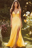 Load image into Gallery viewer, Yellow Spaghetti Straps Satin Sheath Long Prom Dress with Slit