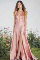 Load image into Gallery viewer, Pink Satin Halter A Line Long Prom Dress with Slit