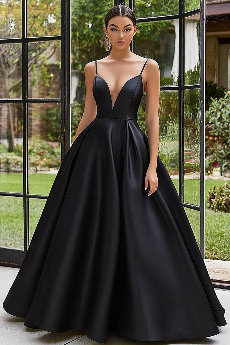 Load image into Gallery viewer, Black Satin Spaghetti Straps Ball Gown Long Prom Dress