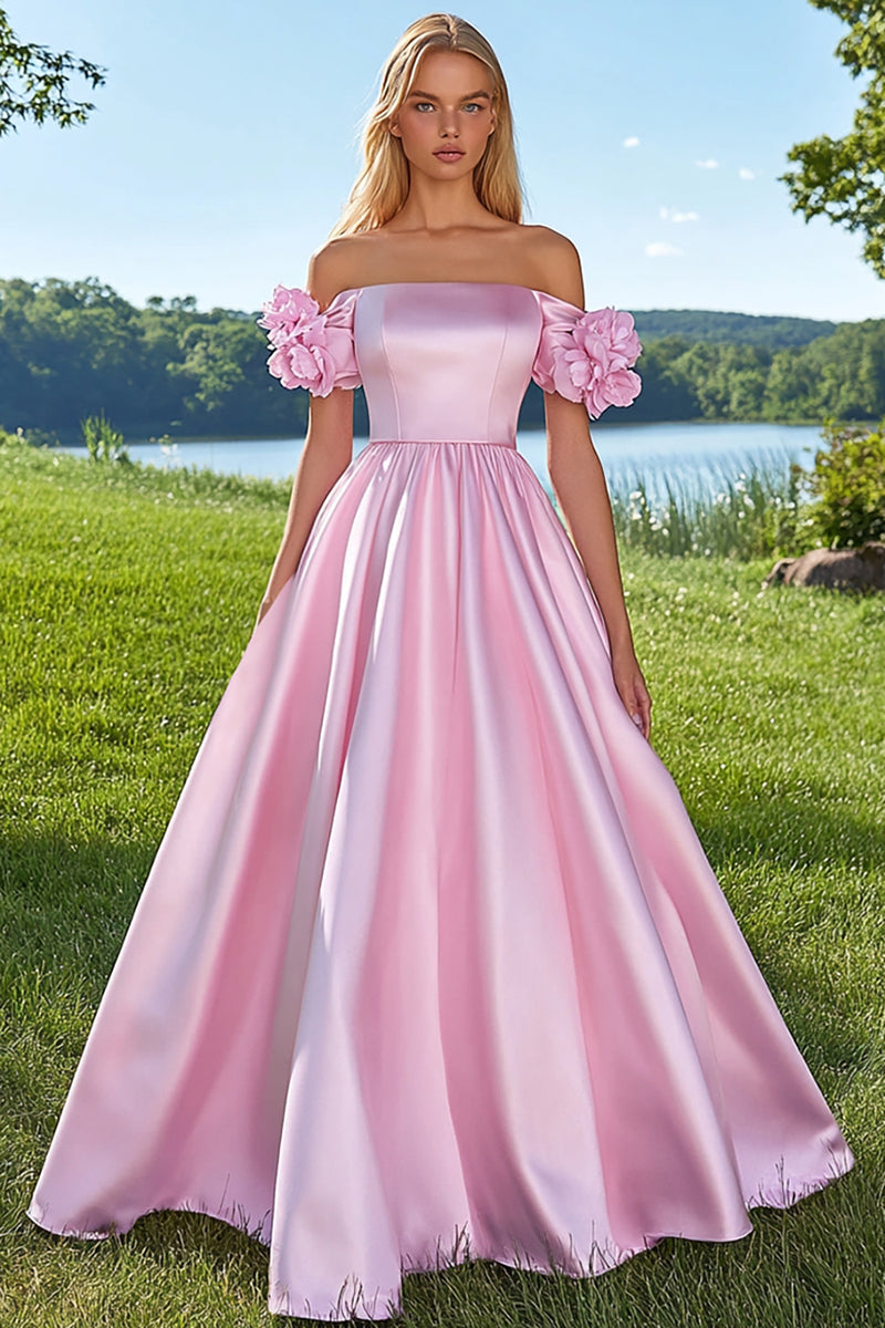Load image into Gallery viewer, Pink Satin Off the Shoulder Ball Gown Long Prom Dress with Flowers