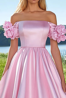 Pink Satin Off the Shoulder Ball Gown Long Prom Dress with Flowers
