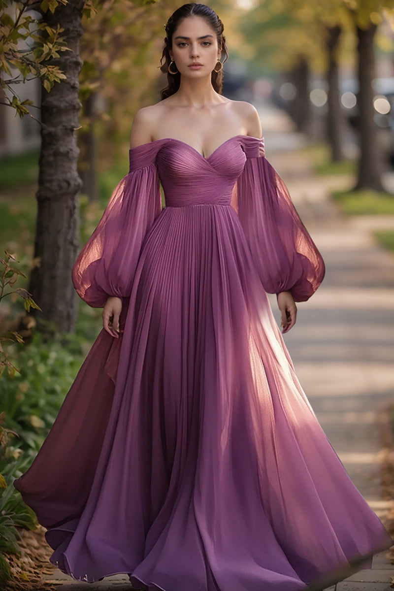 Queendancer Women Plum Chiffon Pleated Prom Dress A Line Long Sleeves Off  the Shoulder Formal Dress – queendancer