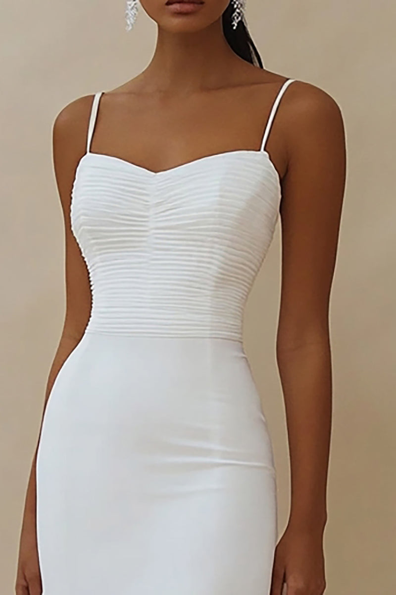 Load image into Gallery viewer, White Satin Spaghetti Straps High-Low Engagement Dress Dress with Ruffles
