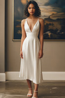 Load image into Gallery viewer, Ivory Satin V-Neck Long A Line Engagement Dress