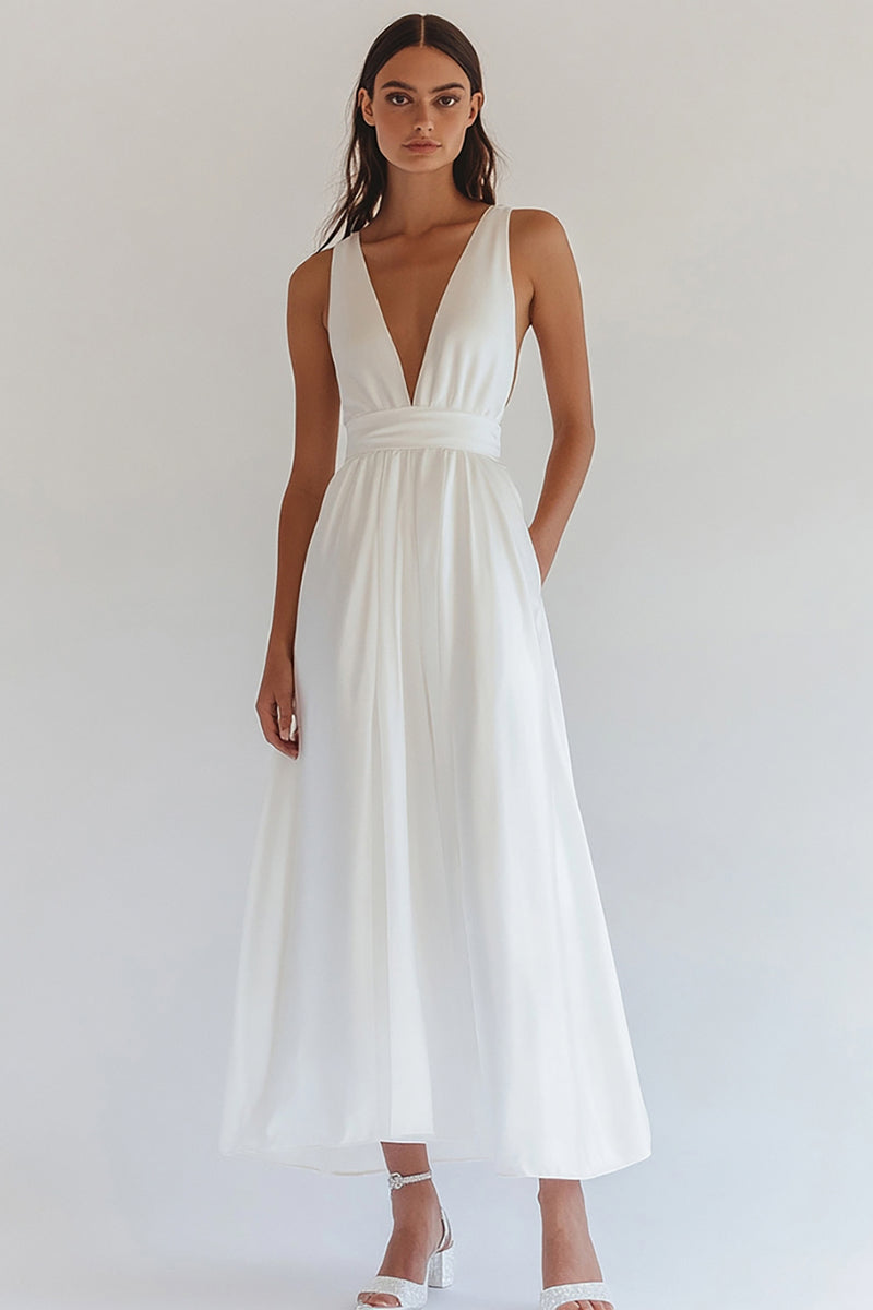 Load image into Gallery viewer, White Chiffon V-Neck Long Engagement Dress