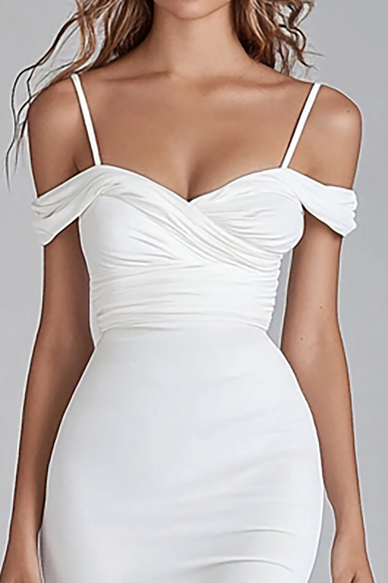 Load image into Gallery viewer, White Satin Cold Shoulder Asymmetrical Graduation Dress Dress