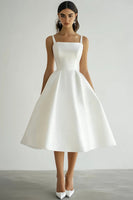 Load image into Gallery viewer, White Satin Square Midi A Line Engagement Dress