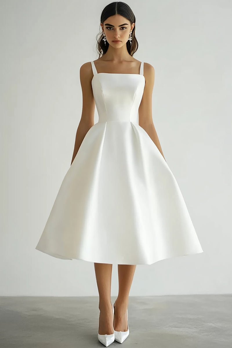 Load image into Gallery viewer, White Satin Square Midi A Line Engagement Dress