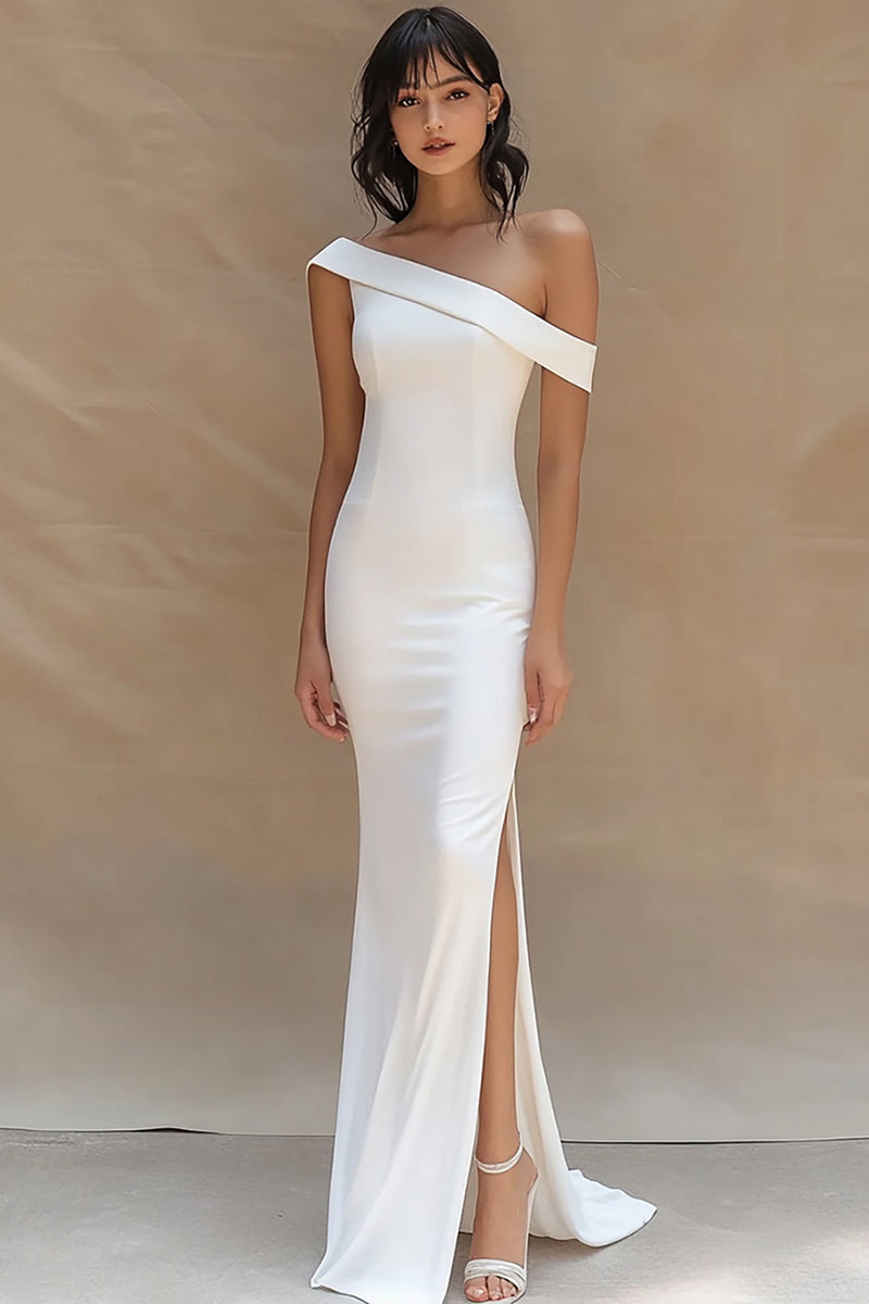 Load image into Gallery viewer, White Satin One Shoulder Long Mermaid Engagement Dress with Slit